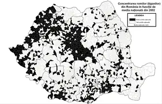 Gemeenten met een hoger aandeel Roma dan gemiddeld (2,46%) zijn zwart ingekleurd