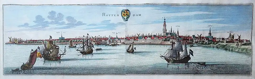 Panorama van Rotterdam, door C. Merian, omstreeks 1659. Op de voorgrond de Nieuwe Maas en enkele zeilschepen. Op de achtergrond het rivieraanzicht van de stad, met de Laurenskerk die boven alles uittorent.