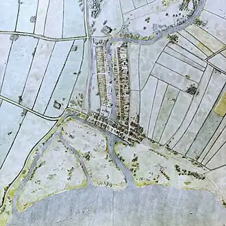 Het Hof van Wena bovenin in de bocht van de Rotte (reconstructie van de situatie omstreeks 1340).