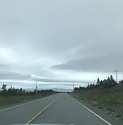 Route 100 tussen Angels Cove en Patrick's Cove, met de Placentia Bay in de achtergrond