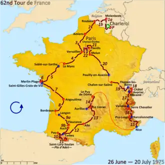 Routekaart van de Ronde van Frankrijk 1975