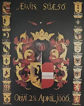 Het houten rouwbord/wapenbord met zestienkwartierenstaat van Feio Sickinghe (1610-1666)