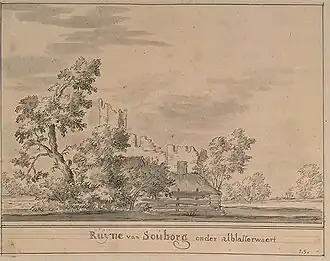 De ruïne van het middeleeuwse kasteel, getekend begin 18e eeuw