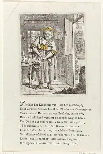 Keet Zwenke, versierd met oranjestrikken, telt geldstukken uit een beurs in een koffiehuis. Op tafel ligt het Zopies Request. Onder de afbeelding staat een patriottisch spotdicht op Zwenke.