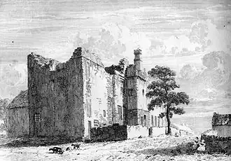 Lithografie van de ruïne van Sheffield Manor, omstreeks 1819