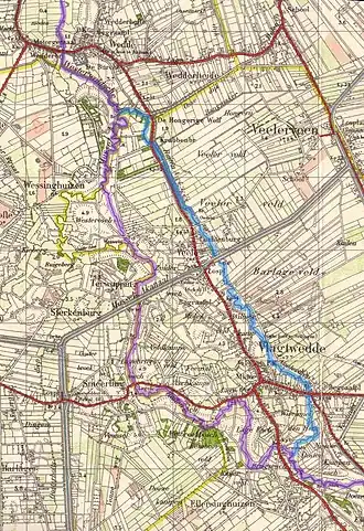 Ruiten Aa in de buurt van Vlagtwedde en Wedde op de topografische kaart uit 1933. De hoofdloop van de Ruiten Aa is met paars geaccentueerd en het Veelerdiep met blauw