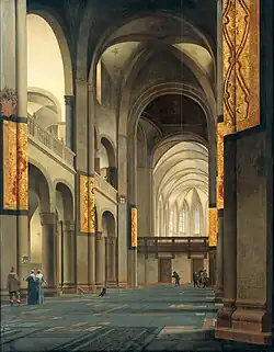 Schilderij van Pieter Jansz. Saenredam uit 1641 met het interieur van de Mariakerk. Linksonder wordt de zuil met de stier bezichtigd