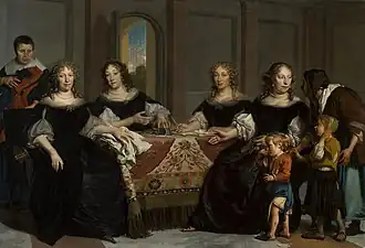 De regentessen van het Burgerweeshuis, Debora Blaeuw (1629-1702), Maria Munter (1637-1688), Catharina van Heyningen (1651-1695) en Maria van der Merct (1639-1719), ontvangen nieuwe weeskinderen. Uiterst links en rechts twee binnenmoeders.