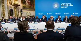 De Somaliëconferentie in Londen op 11 mei 2017. Linksboven de Britse premier Theresa May, met naast zich de nieuwe Somalische president Mohamed Abdullahi Mohamed Farmaajo.