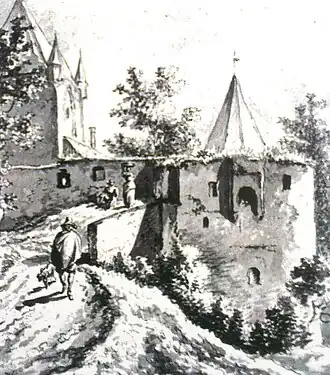 De poort (links) op een tekening van Saftleven (ca. 1660)