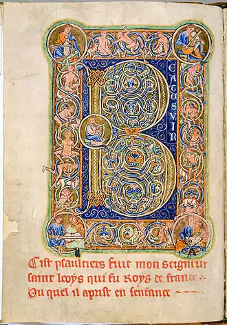 Psalm 1 in de Leidse Psalter, met de eerste letter 'B' van Beatus vir uitgevoerd als initiaal.