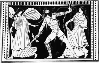 Afbeelding Salmoneus met zwaard op Grieks aardewerk