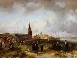 Gezicht op Scheveningen vanaf een duintop aan de noordzijde, met de Grote Kerk, 1851, olieverf