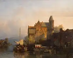 Rivierlandschap met gebouw en waterpoort, 1841, olieverf, Rijksmuseum Twenthe