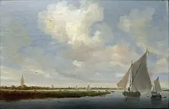schilderij uit 1648 van Salomon van Ruysdael met zeilboten op het Wijkermeer en de toren van de grote kerk van Beverwijk op de achtergrond