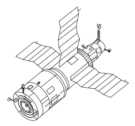 Lijntekening van Saljoet 6. Ten opzichte van de voorganger Saljoet 4 is met name de tweede koppelpoort aan de achterzijde opvallend.