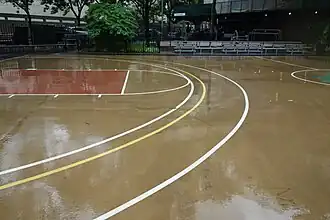 Amerikaanse vloer met drie driepuntslijnen. Van binnen af voor highschool, NCAA (tot seizoen 2020–21) en NBA.