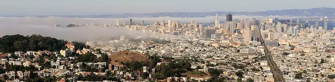 Panoramische foto van San Francisco met opkomende mist. De groene heuvel links in beeld is het Buena Vista Park. De kale heuvel rechts daarvan is het Corona Heights Park. Market Street is de brede verticale as rechts op de foto.