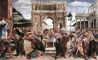 Straf van Korach en de steniging van Mozes en Aäron door Botticelli. Fresco uit Sixtijnse Kapel, 1481-82.