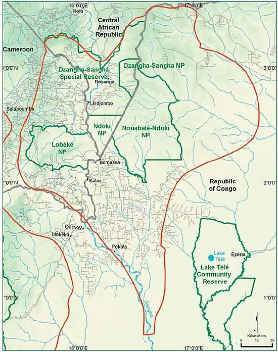 Sangha Trinational (rood omlijnd)