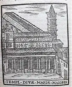 Exterieur van de basiliek zoals afgebeeld in een gids voor Rome (1615).