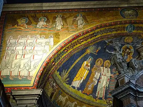 Apsismozaïek: Paschalis, Praxedis en Paulus.