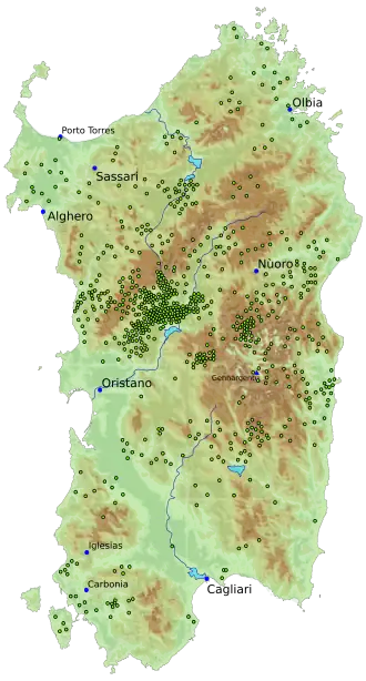 Verspreiding van de Tumbas de sos zigantes op Sardinië