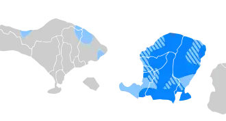alt=Verdeling van Sasak in Indonesië ■&nbsp;Sasak is de moedertaal en de meerderheidstaal. ■&nbsp;minderheid significant spreken Sasak.