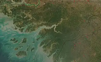 Een satellietbeeld van Guinee-Bissau.