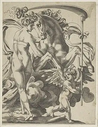 Prent "Saturnus en de nimf Philyra". Prent van: Giovanni Jacopo, 1515-1598