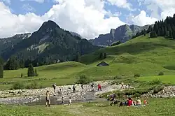 Vorsäss, Maisäss Schönenbach bij Bizau in het Bregenzerwald op de voorgrond de Subersach van de Sevisschrofen 1.659&nbsp;m, op de achtergrond Hehle Kopf 2.058&nbsp;m en Pellinger Köpfle 1.994&nbsp;m