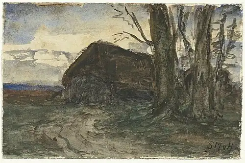 Schaapskooi bij bomen in avondlucht