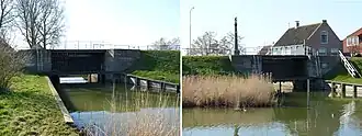 De Noorder- (rechts) en Zuidersluis (links) in Schardam. In bij de Noordersluis is ook de banpaal te zien.