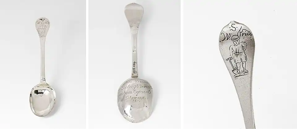 Walfridus op de steel van een zilveren lepel gegraveerd (ca. 1717). Thecla Elisabeth van Berum, schepperin van Innersdijk en weduwe van jr. Feijo Johan Sickinghe, schonk deze lepel aan haar zijlrechters.