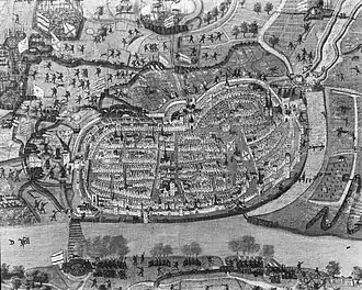 Het beleg van 1578. Aan de linker kant is de Noordenbergtoren (met instortende spits) en de daarnaastgelegen Noordenbergpoort te zien.
