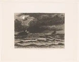 Schip in nood bij een haven, ets