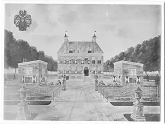 Aquarel van Borgweer met twee voorgebouwen van Ernst Gustaaf Schlette. Waarschijnlijk geschilderd naar een begin 19e-eeuwse schildering.