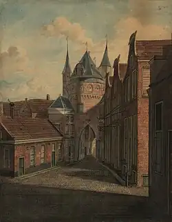 Buitenzijde van de Binnen-Apoort ten tijde van de afbraak in 1828 (Schoonbeek, 1830, zie ook litho uit 1832)