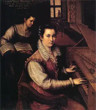 Zelfportret aan het spinet met dienstmeisje, omstreeks 1577, olieverf op doek.