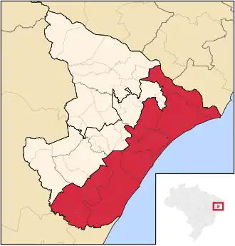 Ligging van de Braziliaanse mesoregio Leste Sergipano in Sergipe