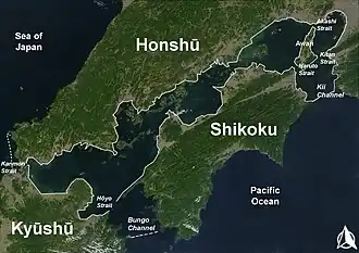 De Japanse Binnenzee met de belangrijkste zeestraten en de Baai van Osaka