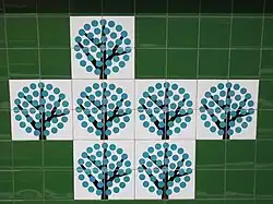 De zeven iepen in het tegelwerk langs de Victoria Line.