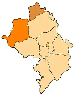 Locatie van het gewest Shahoemian (oude Gjoelistan) tot 1992 in het bruin. Locatie van het huidige bestuurlijke gewest Sjahoemian (Karvatsjar) is oranje gekleurd.