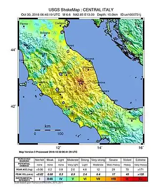 Seismologische kaart van de aardbeving in Midden-Italië
