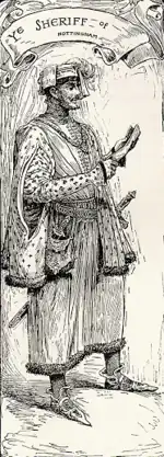 De Sheriff van Nottingham, afgebeeld door Louis Rhead in Bold Robin Hood and His Outlaw Band: Their Famous Exploits in Sherwood Forest uit 1912