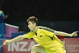 Shi Yuqi in actie tijdens de Indonesia Open 2018