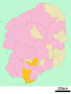 Kaart van Tochigi met het district Shimotsuga gemarkeerd