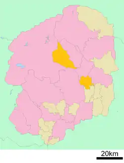 Kaart van Tochigi met het district Shioya gemarkeerd