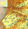 Kaart van het Sichuanbekken in de oudheid, met wegen door de Qinling Shan naar het noorden (vallei van de Gele Rivier, Shaanxi)