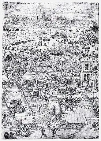 Gravure van botsingen tussen de Oostenrijkers en de Ottomanen, buiten Wenen (1529)